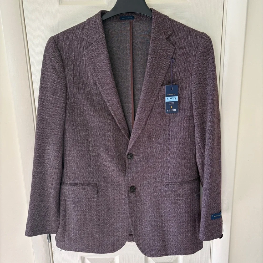 Stafford‎ Mens Burgundy Herringbone Stretch Classic Fit Sport Coat Blazer 40 Reg